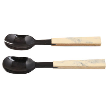 Novica Horn And Wood Salad Servers Lucknow Flavor (Pair)
