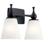 Kichler - Cosabella 2-Light 15" Bathroom Vanity Light in Black - The Cosabellaâ„¢ 15" 2 light vanity light embodies Mid-Century modern minimalism. The Etched White Glass shades soften the light to a luxurious glow. The Black cinched stem extends beyond the wall plate to hold the second light, and both the shade and wall plate curve delicately to help make your home an oasis of calm enjoyment.  This light requires 2 , 75.0 W Watt Bulbs (Not Included) UL Certified.