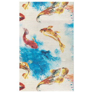 Koi Fish PVC Bathroom Mat, White, 26" x 31", Covers 5.5 sq ft