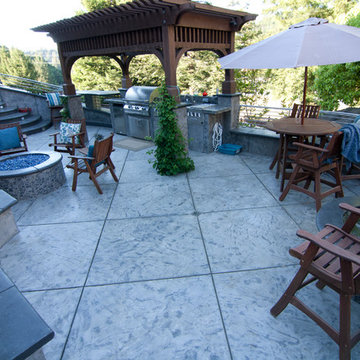 Outdoor Concrete Patio w/ Firepit, BBQ, Fountain & Bartop - The Germany Patio
