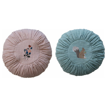 Round Cotton Slub Pillow With Embroidery, Set of 2 Styles