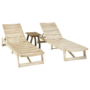 Penny Outdoor Acacia Wood Chaise 3 Piece Lounge Set, Light Gray Wash/Gray Metal