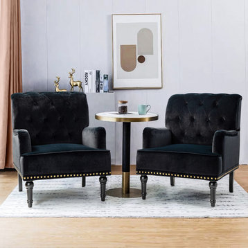 Upholstered Tufted Comfy Accent Armchair With Nailhead Trim Set of 2, Black