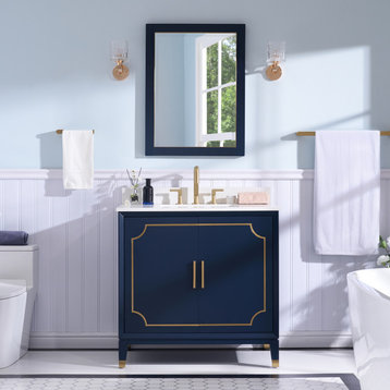 Melody Freestanding Bathroom Vanity with Wall Vanity Mirror and Quartz Top, Navy Blue, 36"