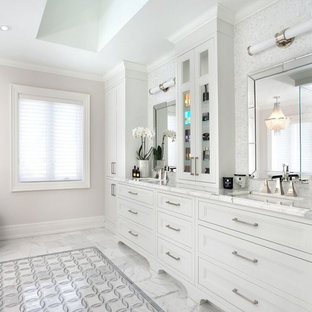 Example of a mid-sized transitional master white tile and mosaic tile marble floor bathroom design in Phoenix with recessed-panel cabinets, white cabinets, gray walls, an undermount sink and marble countertops