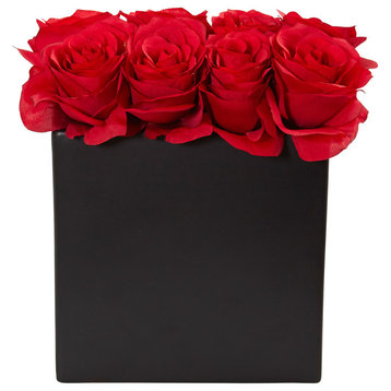 Roses Silk Arrangement, 9"H Black Vase, Red