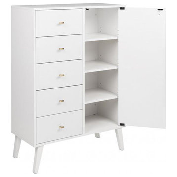 Retro Dresser, 5 Drawers & Cabinet Door With Brushed Brass Pulls, White