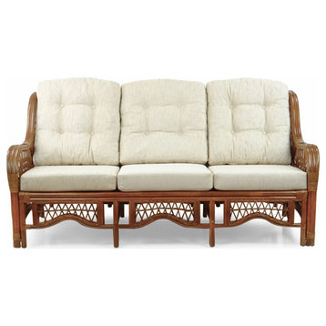 Malibu Handmade 3-Seater Sofa ECO Natural Rattan Wicker, Colonial, Cream Cushion
