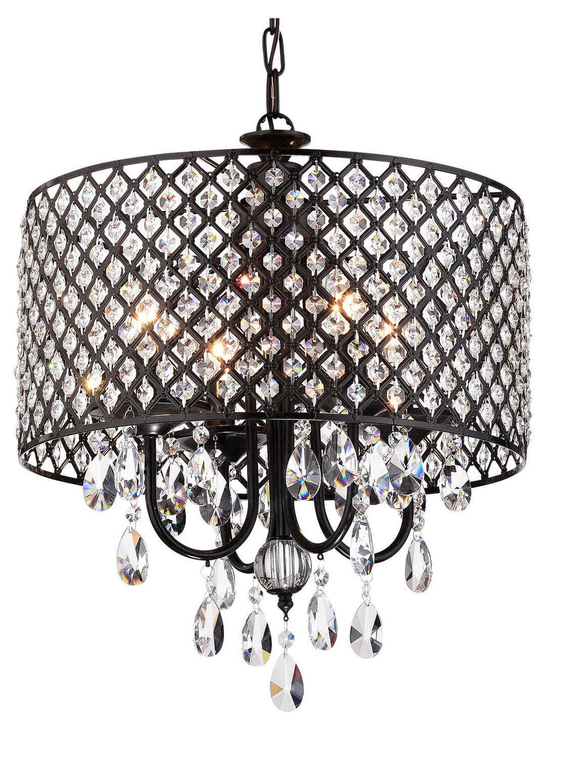 Marya 4-Light Black Metal Round Beaded Drum Chandelier Hanging Crystals Glam