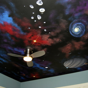 Space Night Sky Ceiling Mural in a kids bedroom by Tom Taylor of MuralArt.com