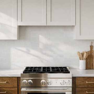 Refined Balance: Warm White & Oak Cabinets with Brass Hardware