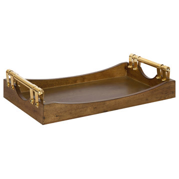 Kate and Laurel Ormond Walnut Wood Decorative Tray With Gold Metal Handles