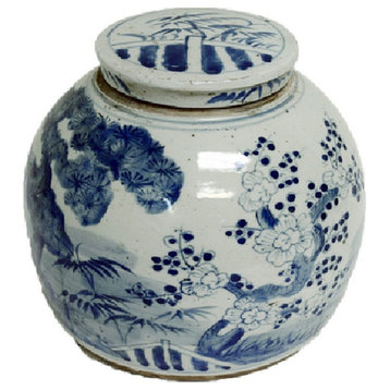 Vintage Style Blue and White Porcelain Lidded Ginger Jar Floral Motif 10"