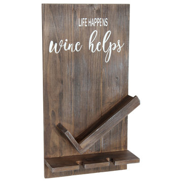 Lucca Wall Mounted Wooden Wine Bottle Shelf With Glass Holder, Restored Wood