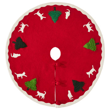 Cats & Green Trees Hand-Felted Christmas Tree Skirt - 60"