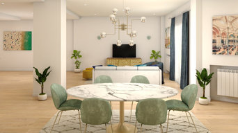 Decoracion de salón-comedor en estilo mid-century