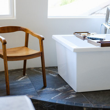 White & Bright Master Bathroom w/ Teal mosaic tile backsplash & Freestanding tub
