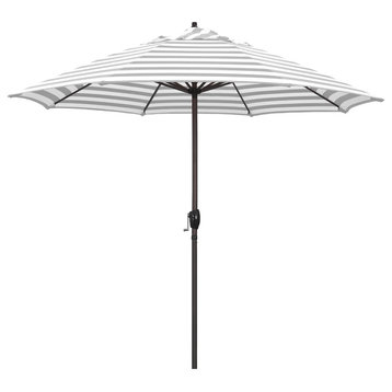 9' Bronze Auto-tilt Crank Lift Aluminum Umbrella, Olefin, Gray White Cabana Stripe