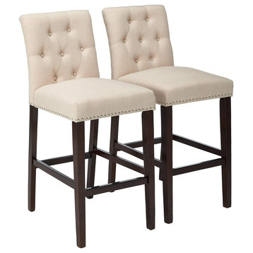 Set of 2 Bar Stool, Rubberwood Legs and Beige Linen Seat With Button Tufted Back