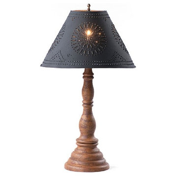 Wood Table Lamp With Punched Tin Shade USA Handmade Davenport, Mustard