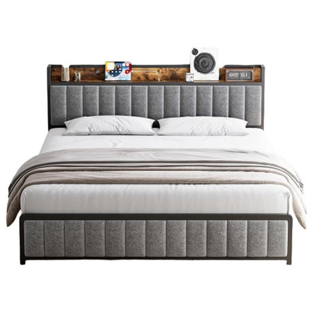 Metal Frame Bed with PU Headboard, Charging Ports & Hidden Shelves, Gray/Queen