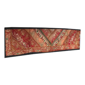 Mogul Interior - Consigned Vintage Sari India, Red and Orange Sequin Embroidered Tapestry - Table Runners