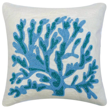 Decorative 14"x14" Seaweeds Corals Blue Linen Pillow Covers, Seaweed Breeze