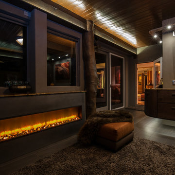 Modern Rustic Lounge Remodel | Gray-Stained Maple Cabinetry & Linear Fireplace