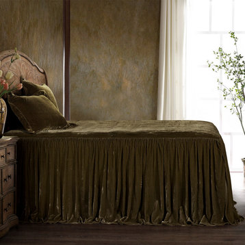 Stella Faux Silk Velvet Bedspread Set, 3PC, Green Ochre, Queen