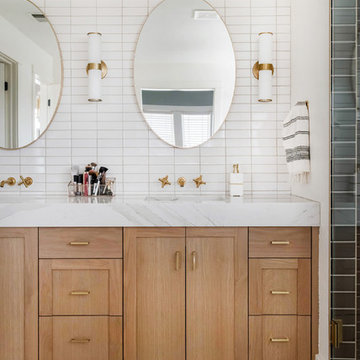 Contemporary Master Bath with White Tile and Dark Tile Trim