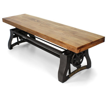Crescent Industrial Dining Bench - Adjustable Iron Base - Hardwood Seat