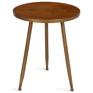 Retro Modern Side Table, Angled Sleek Legs With Round Wood Top, Burnished Gold