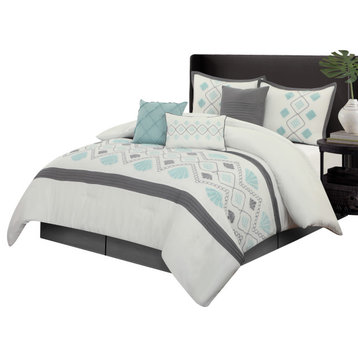 Tanira 7 Piece Comforter Set, White/Aqua, California King