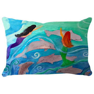 Mermaid Art Lumbar Throw Pillows From Art, Mermaids Swim With Dolphins