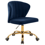 Meridian Furniture - Finley Swivel and Adjustable Velvet Upholstered Office Chair, Navy, Gold Base - Count on the Finley Velvet Office Chair to give them something to talk about around the water cooler. This beautiful office chair has a svelte seashell-inspired back that's channel tufted for sumptuously inviting look and added comfort to help you get through those long hours chained to your desk. Reward yourself for the VIP you are with this chair that's upholstered in soft navy velvet that feels luxurious against the skin no matter how hard you work. The rich gold base features five casters to make it easy to roll from your workstation to the printer, and this swiveling chair's adjustable for added comfort.