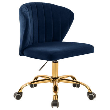 Finley Swivel and Adjustable Velvet Upholstered Office Chair, Navy, Gold Base