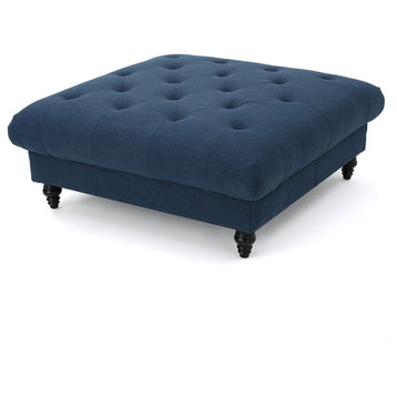 Elegant Ottoman, Bordeaux Fabric Upholstery With Tufted Padded Seat, Dark Blue