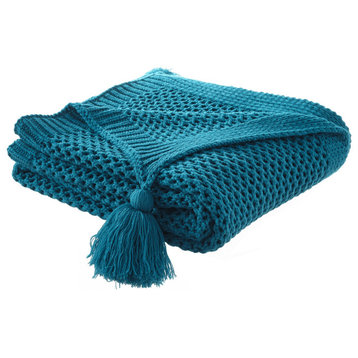 Teal Blue Knitted Acrylic Solid Color Throw Blanket