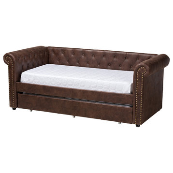Janelle Contemporary Brown Faux Leather Upholstered Daybed With Trundle