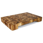 Teakhaus - Teakhaus End Grain Bowl Cut-Out Rectangle Chopping Block 20 x 14 x 2.5 - This sturdy 20 x 14 x 2.5 inch teak chopping block was built to last. A full 2.5 inches thick, this end grain constructed block will hold up to both butchering and chopping.Teak has become a popular choice for cutting boards, as it is dense yet also rich in natural oils that protect the board against bacteria, staining and cracking. Only grown in tropical regions, teak has historically been used in boats and luxury furniture due to its ability to withstand the elements.As a bonus, this block features a large curved cutout on the underside, which is designed to fit a small cutting board underneath or over a curved sink. This makes kitchen clean-up much easier and disposal of scraps as easy as scraping off the board. Inset grips to aid in lifting and carrying butcher block  End grain construction keeps knives from dulling and resists knife scarring Teak is a low maintenance hardwood (when oiling is needed though, we recommend Teakhaus Butcher Block and Mineral Oil) Harvested from FSC and Rainforest Alliance certified tree plantations