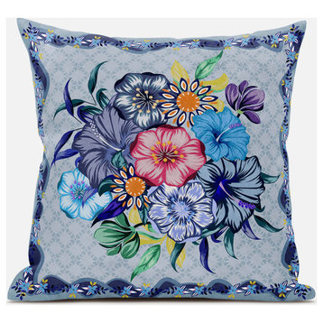 16x16 Blue Pink Gray Blown Seam Broadcloth Floral Throw Pillow