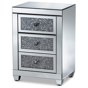 Glam Side Table, 3 Drawers With Jewel Like Accent Front & Faux Crystal Knobs