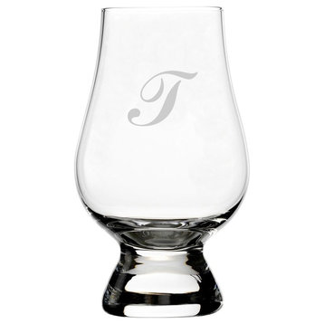 Commercial Script Etched Monogram Glencairn Crystal Whiskey Glass, Letter T