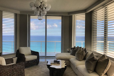 Beach style open concept porcelain tile and white floor family room photo in Miami
