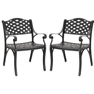 Set of 2 Patio Dining Chair, Curve Patterned Seat & Scrolled Arms, Black