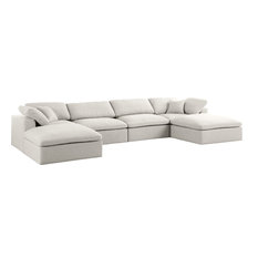 Serene Linen Down Filled Cloud Modular Sectional, Cream, 4-Seater and 2 Ottomans