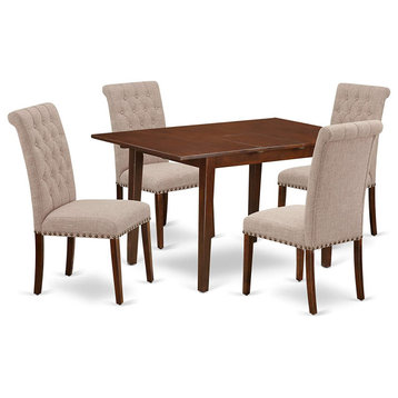 5 Piece Dining Set, Butterfly Leaf Tabletop With Upholstered Chairs, Mahogany