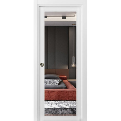 Sliding Pocket Door 24 x 80, Lucia 1299 White & Mirror, Rails