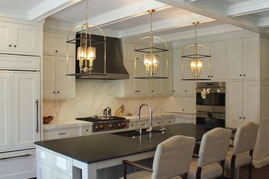 Large transitional l-shaped dark wood floor open concept kitchen photo in Denver with an undermount sink, shaker cabinets, white cabinets, granite countertops, white backsplash, stone slab backsplash, stainless steel appliances and an island