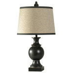 StyleCraft Home Collection - Traditional Black Table Lamp with Natural Linen Shade and Contrast Trim - Featuring sleek curves, neutral colors, and three-way operation, this table lamp is a versatile addition to any space. It's sure to upgrade the look of an office, dining room, living room, hallway, or bedroom. The natural linen hardback shade features dark accents on the top and bottom edges that complement the gleaming black finish on the frame.